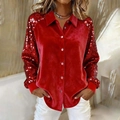 Red velvet long sleeve shirt with sequin sleeves and button-down collar for women - Red