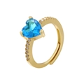 Adjustable gold heart ring with light blue crystal and sparkling side stones - Gold / Deep Sea Blue Zirconia