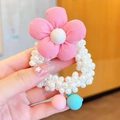 Pink fabric sunflower hair tie with faux pearl elastic band and colorful bead charms - Rose Pink Pearl Flower