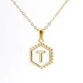 Minimalist 18K gold-plated hexagonal pendant necklace with letter T in white enamel - With Chain / Gold - Letter T