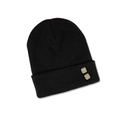 Detailed close-up of black knit beanie with olive green marble decorative buttons - M (56-58cm) / Black/Green Buttons