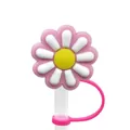 Pink and white daisy silicone straw topper with protective dust cap and ring - Pink Daisy-1704-44