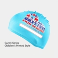 Light blue silicone kids swimming cap with British Swim School logo and wavy design - Candy Blue (Kids Printed)