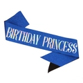 Blue glitter sash with holographic Birthday Princess text for party celebrations - Block Letter Dark Blue Sash