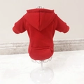 Red solid hooded pet sweatshirt with back pocket on dog clothing mannequin stand - Red