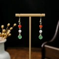 Chinese style long beaded drop earrings with red, white and green beads in gold finish - Red-White-Green Three-color Beaded Style (E1248-4)