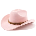 Close-up of pink faux suede cowboy hat with brown strap and gold metal buckle detail - M (56-58cm) / Pink