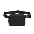 Close-up of black waterproof nylon waist bag with silver zipper and plastic buckle strap - Black