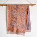 Detailed view of paisley patterns and fringes on brown cashmere feel shawl scarf - 70*180cm / T131-02 Brown Orange Blue