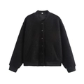 Chaqueta de béisbol negra de bouclé para mujer con botones a presión y adornos de punto acanalado - S / Negro
