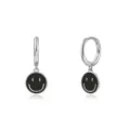 S925 sterling silver drop earrings with minimalist black enamel smiley face pendants - Silver Black Smiley Face (JQH0081-SS-2)