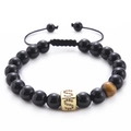 Detail of tiger eye bead and gold letter S charm on black onyx beaded bracelet - Letter S-Black Agate Bracelet