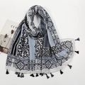 Linen blend long scarf in grey-blue with geometric ethnic patterns and grey fringe edge - Grey Blue Ethnic Geometric Style (XB971-01)