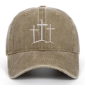 Vintage washed cotton baseball cap with three white embroidered crosses on the front - Khaki