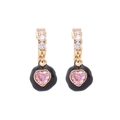 Pendientes huggie dorados con corazón de esmalte negro y piedra de circón rosa central - Goteo de aceite negro con circón rosa