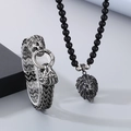 Vintage stainless steel lion head jewelry set with beaded necklace and woven bracelet - Lion Head Set (Boiled Black)