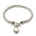 Silver twisted cable bracelet featuring a polished heart padlock charm and metal end caps - Heart Padlock Pendant / Steel