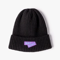 Black knitted beanie hat with a purple silicone logo patch for men and women - Black