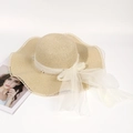 Beige wide brim straw sun hat with pearl mesh bow and wavy lace edge for summer beach - Light Khaki