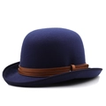 Bombetta classica in feltro di lana blu scuro con cintura in pelle marrone vintage - M(56-60CM) Regolabile / Blu navy