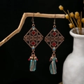Bohemian geometric tassel earrings with bronze finish and red resin stone inlay - Bronze + Rhombus Red Stone + Color Tassel (E1735-1)