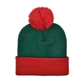 Detalle del pompón rojo y textura de punto verde en gorro de punto navideño - Rojo Verde - Gorro con Pompon Adulto