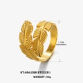 Adjustable 18K gold-plated stainless steel leaf ring with feather texture for women - Feather Shape Style (ZN239) / Steel