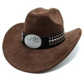Classic dark brown suede western cowboy hat with studded leather band and rhinestone buckle - M (56-58cm) / Coffee