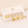 Detailed macro view of three pairs of gold stainless steel earrings on display card - Butterfly & Spiral Hoop Earring Set (3#)