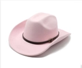 Pink wool felt fedora hat with wide brim and brown leather belt buckle for men and women - M (56-58cm) / Pink