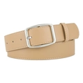 Beige PU leather belt with silver square metal buckle and white stitching for jeans - Khaki
