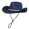 Navy blue woven cowboy hat with star patterned band and adjustable chin strap - M (56-58cm) / Navy Blue