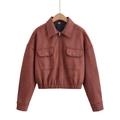 Women's orange faux suede jacket with lapel collar and zip-up drawstring hem - XS / Brick Red