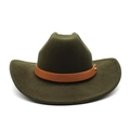 Detailed texture of dark green wool felt cowboy hat with brown leather band and gold rivet - M (56-58cm) / Army Green
