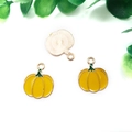 Macro detail of pumpkin charms with green stems and golden textured metal backing - Enamel Pumpkin (15503) / 1 Piece/Pack (15x17mm) / Yellow