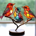 Three colorful stained glass birds on a bronze metal branch home decor accent - 3 Birds Ornament (Single Branch) / Acrylic