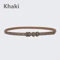 Elegant khaki genuine leather skinny belt with matching square pin buckle for women - Khaki