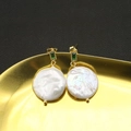 Elegant Baroque pearl drop earrings with green emerald gemstone in gold finish - White Large-16mm-Green Zirconia