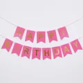 Detailed view of pink swallowtail bunting flags with gold Happy Birthday lettering - Rose Red Gold