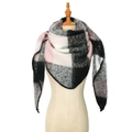 Pink and grey plaid loop yarn triangle scarf with black stitched edges on mannequin - 17# Pink Black