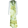 Detail view of backless halter dress with green and yellow marble print and fishtail hem - S / Yellow-Green