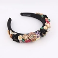 Baroque floral sponge headband with emerald crystals and pearls on black fabric - Black