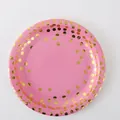Pink 9-inch disposable paper plates with gold foil polka dots, set of 25 party supplies - Large Paper Plates