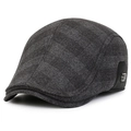 Men's dark grey plaid flat cap with wool texture and ear protection for winter - Adjustable (56-60cm) / Gray