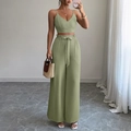 Elegant green two-piece set featuring camisole top and high-waist tied wide-leg trousers - S / Dead Leaf Green