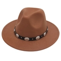 Classic brown wide brim wool fedora hat with black leather band and silver metal studs - M (56-58cm) / Khaki