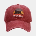 Detail of a vintage burgundy washed denim baseball cap with a cute black cat embroidery - Burgundy