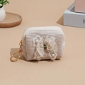 Cute beige corduroy mini coin purse with lace bow, pearls, and golden keychain - White