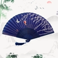 Classic dark blue folding fan with butterfly and cherry blossom patterns and blue tassel - Classic Butterfly Flower - Blue