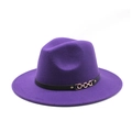 Detail of purple fedora hat featuring black leather band and triple gold chain links - M (56-58cm) / Purple
